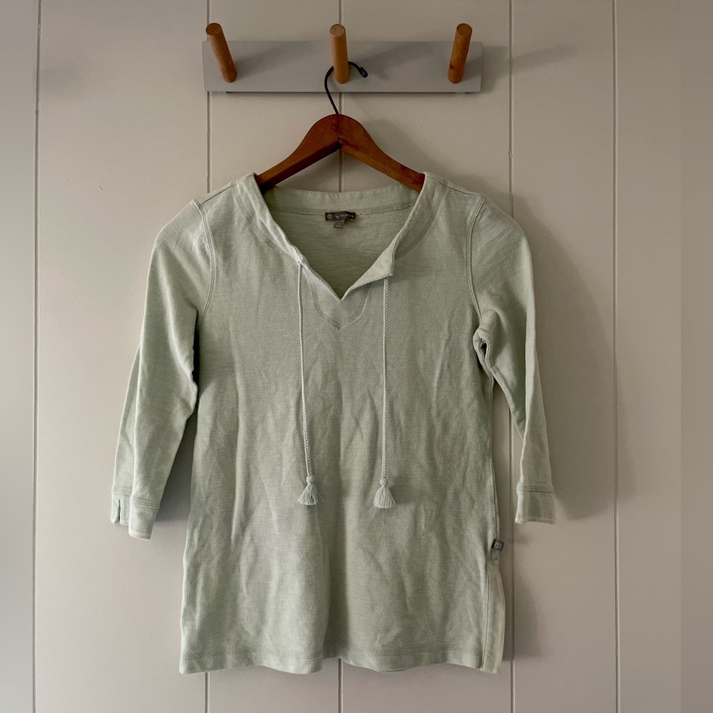 T by Talbots 3/4 Sleeve Light Green 100% Cotton Textured Drawstring Tie Neck